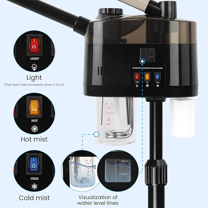 Professional Facial Steamer, Hot&Cold Mist Facial Steamer, Facial Humidifier on Wheels, Esthetician Steamer for Facial Deep Cleaning and Moisturize, Suitable for Spa, Salon and at Home Use