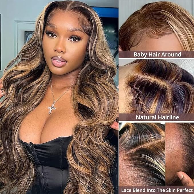 AMIRTY 250 Density 34 Inch 360 Lace Front Wigs Human Hair Honey Blonde Body Wave Lace Front Wigs Full 360 Glueless HD Transparent Lace Front Wigs for women 4/27