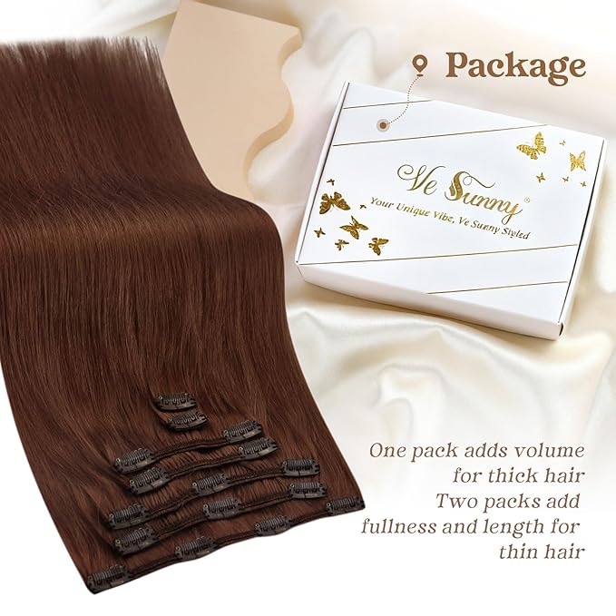 Ve Sunny Clip in Human Hair Extensions Remy Hair Extensions for Women 24 inch Clip in Hair Extensions Real Human Hair Dark Auburn Red Long Straight Hair Extensions 7pcs 120g