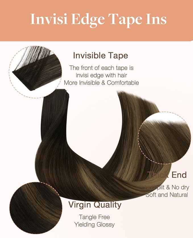 GOO GOO Invisi Edge Tape in Hair Extensions Human Hair, 2/6/2 Balayage Dark Brown to Chestnut Brown 10pcs injected with 10pcs classical tape ins, 22inch 50g, Virgin Remy Hair, Natural Look
