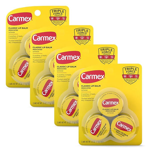 Carmex Medicated Lip Balm Jar, Lip Moisturizer for Dry, Chapped Lips, 0.25 OZ - (4 Packs of 3)