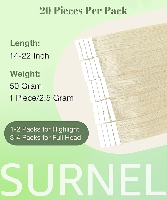 SURNEL Tape in Hair Extensions #60 Platinum Blonde Tape in Human Hair Extensions 20pcs 50g 14 inch(#60-16)