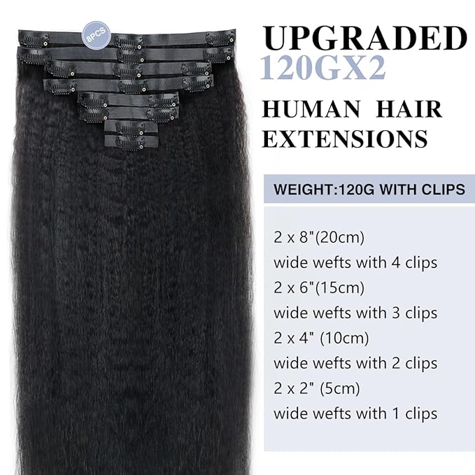 Kinky Straight Clip in Hair Extensions Real Human Hair 2 Pack 240g Seamless Clip in Hair Extensions for Women Full Max with 16Pcs PU Skin Weft 24inch Natural Black