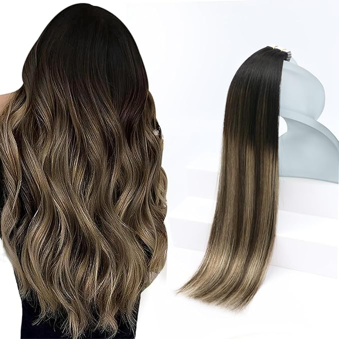 Sunny Hair Tape in Hair Extensions Human Hair Remy Hair Extensions Tape in, 16inch Black Brown Balayage Ash Blonde Tape in Human Hair Extensions Add Length for Wedding 20Pcs 50g