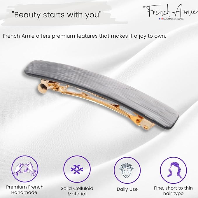 French Amie Small 2 1/4 inch Celluloid Handmade Hair Barrette No Slip Grip Durable Styling Women Hair Accessories Hair Clip for Girls, Made in France(Metallic Grey)