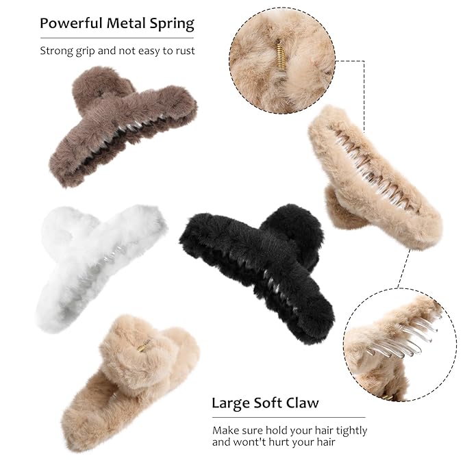 5PCS Large Claw Hair Clips for Thick Hair Big Banana Hair Clips for Women Nonslip Strong Hold Hair Claw Clip Plush (White+Black+Beige+Brown+Coffee)