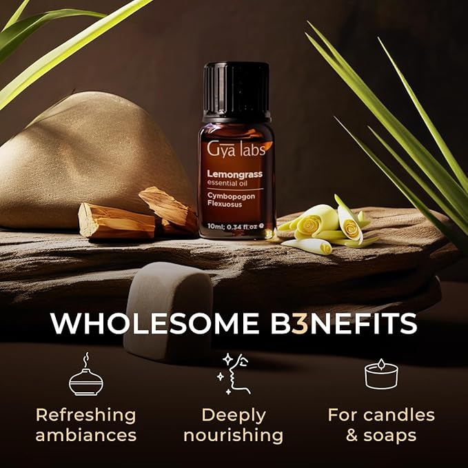 Gya Labs Lemongrass Essential Oil - 0.34 Fl Oz - for Hair, Skin, Diffuser, Aromatherapy & DIY Candle Making Scent