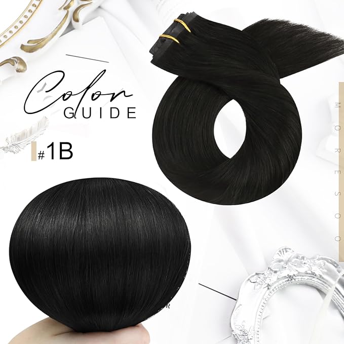 Moresoo Seamless Clip in Hair Extensions Real Human Hair Black Straight Can Be Curled Hair Extensions Clip ins Short 14inch Pure Skin Invisible Natural Black for Daily Use 120g/7pcsv