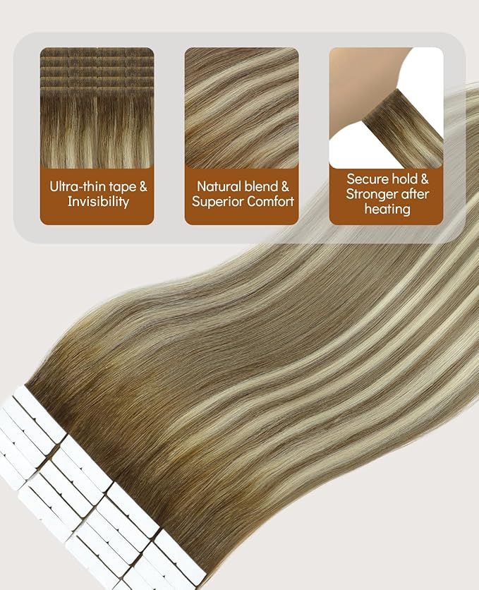 VINBAO Invisi Edge Tape in Human Hair Extensions Balayage Darker Brown Fading to Ash Brown Highlights Blonde 60g 20pcs Injection Tape in Hair Extensions 22inch #3/8/22