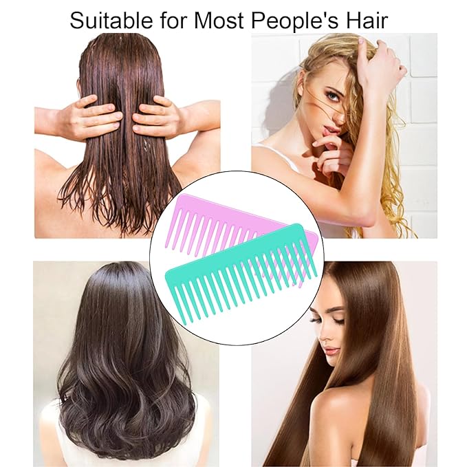 Wide Tooth Detangling Comb for Long, Curly, and Wet Hair - No Handle Styling and Shampoo Comb (2 Pieces - Rose Red, Cyan)