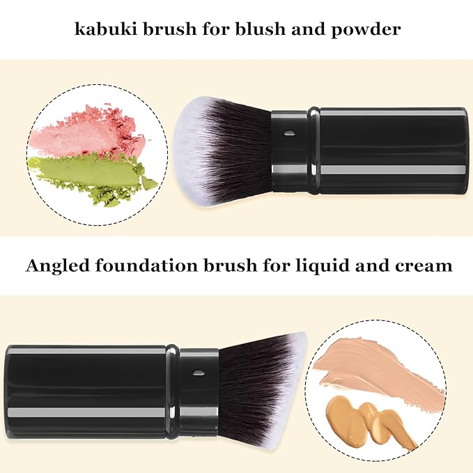 Makeup Brush 2 Pack, Retractable Travel Kabuki Powder Makeup Brush, Foundation Face Blush Brushes for Blending Liquid, Blush, Bronzer, Buffing, Sunscreen,Flawless Cosmetics