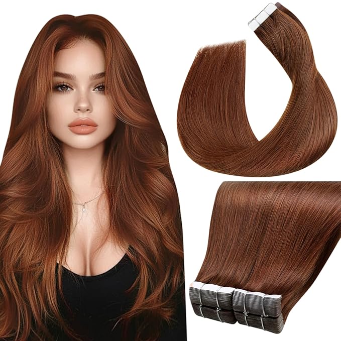 LaaVoo Tape in Human Hair Extensions Auburn Brown Tape in Extensions Human Hair Seamless Hair Extension Tape on for Women 22inch 40pcs 100g
