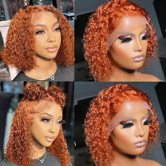 GOLFMAX Ginger Water Wave Bob Wig Human Hair Transparent HD 13x4 Lace Front Human Hair Wig 10 Inch Short Bob Wig Glueless Wigs Human Hair Pre Plucked With Baby Hair