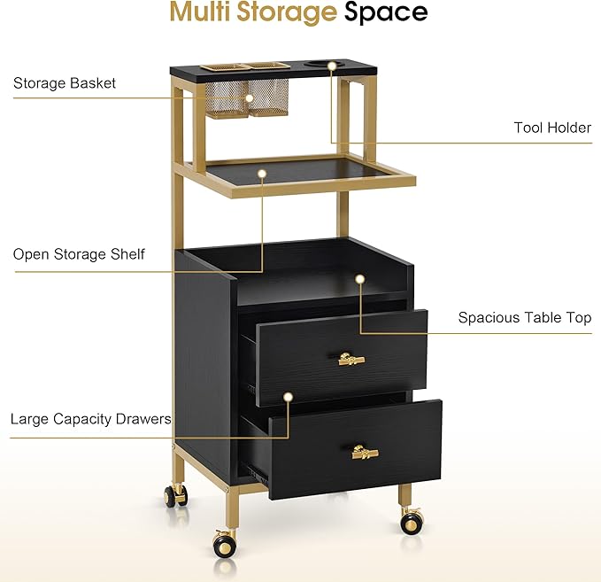 BarberPub Rolling Salon Cart with Storage Drawers, Barber Trolley with Metal Tool Holder & Basket, Beauty Salon Equipment for Hair Stylist 2084 (Black)