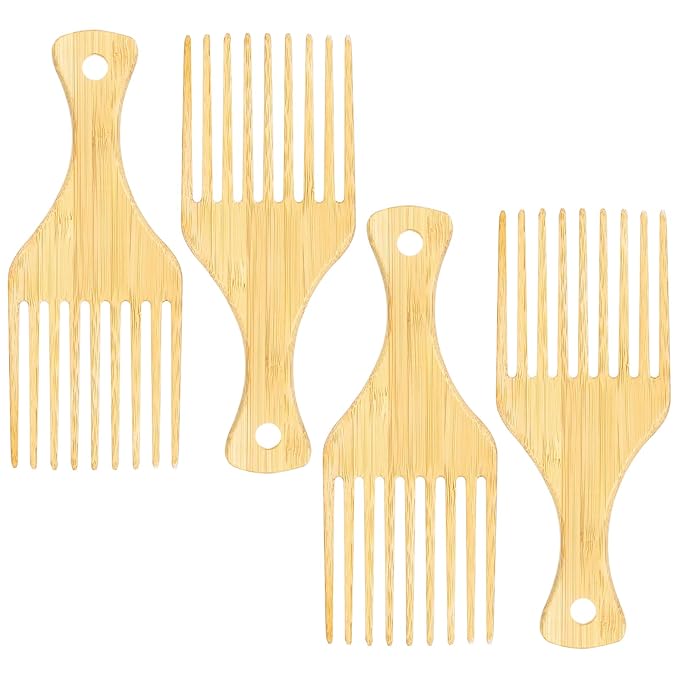 4 Pcs Bamboo Afro Hair Pick Comb Set Natural Anti-Static Picks Wide Tooth Detangling Combs for Men Women with Thick Curly Hair