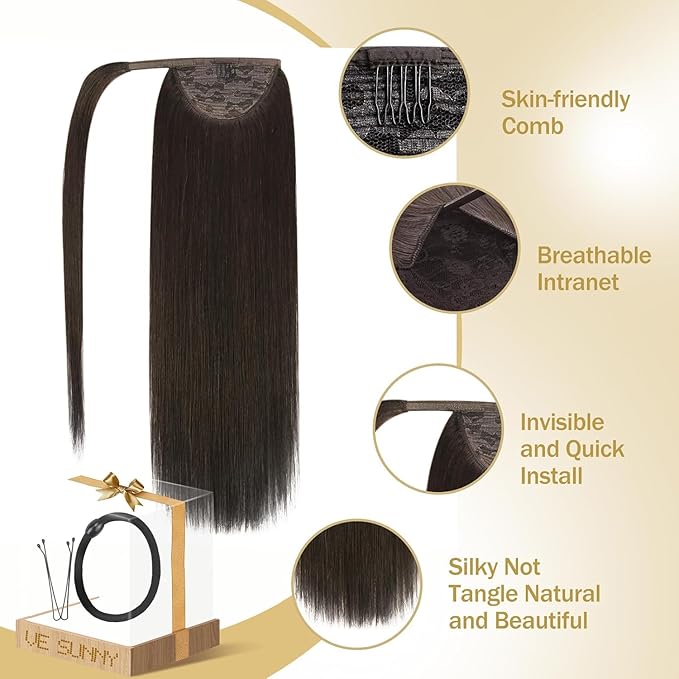 Ve Sunny Hair Extensions Ponytail Real Human Hair Wrap Around Clip in Ponytail Hair Extensions Straight Extensions Human Hair for Women Brunette Dark Brown 18inch 80G
