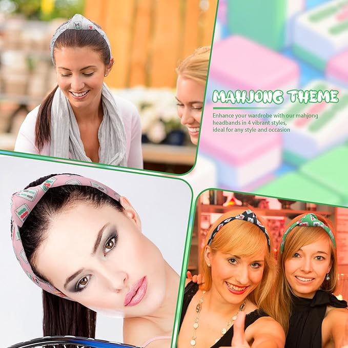 Norme 4 Pcs Mahjong Headbands Mahjong Tiles Knotted Headbands Trendy Wide Mah Jong Knotted Hairbands Colorful Fabric Non Slip Fashion Top Hair Accessories Mah Jong Gifts for Women Girls, 4 Styles