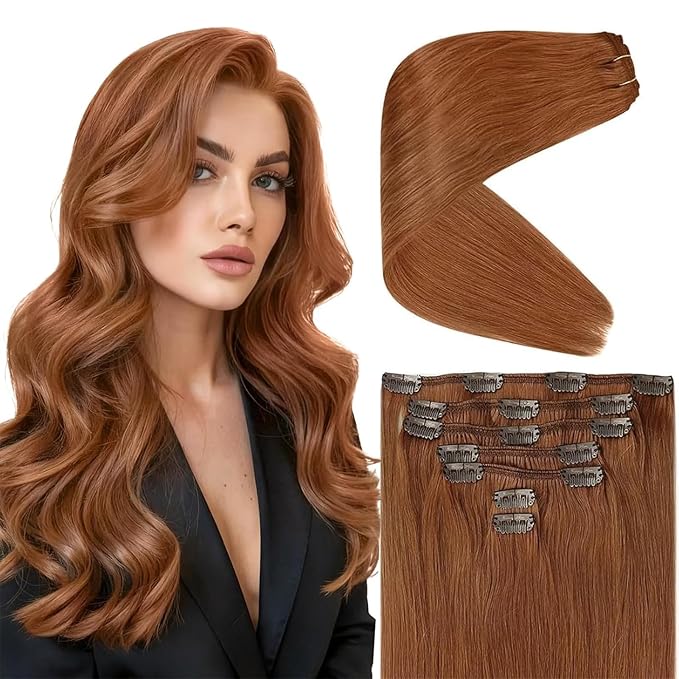 Ve Sunny Clip in Hair Extensions Real Human Hair Ginger Copper Clip in Extensions for Women Natural Human Hair Extensions Straight 7pcs 16 inch 120g