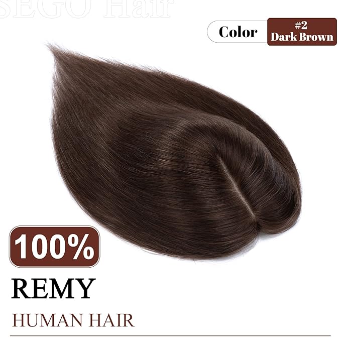 SEGO Real Human Hair Topper for Women, No Bangs Hair Topper with Anti-Slip Clips (12 Inch#2 Dark Brown)