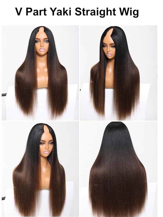 YIROO V Part Wig Human Hair No Leave Out Ombre Chestnut Brown Yaki Straight Glueless Human Hair Wig Upgrade U Part Wigs for Women V Shape Clip in Half Wig No Glue No Sew in Beginner Wig 26inch