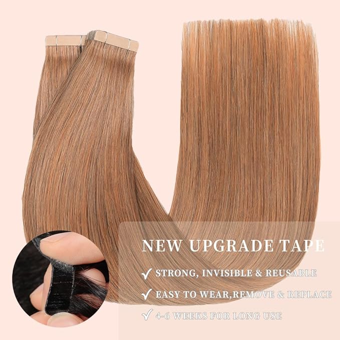 Tape in Extensions Skin Weft Tape Extensions Human Hair 20pcs Remy Hair Extensions 22 Inch Light Brown Straight Invisible Human Hair (30#,22 Inch)