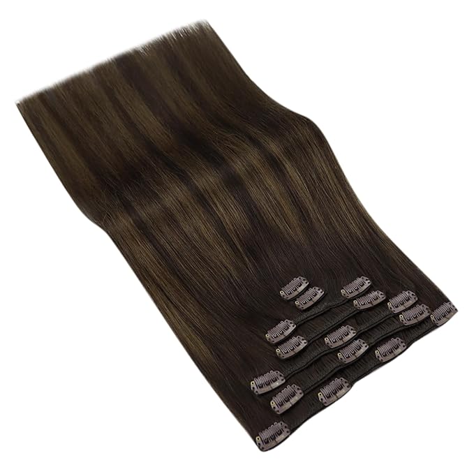 Ve Sunny Human Hair Clip in Extensions 22Inch Long Clip in Hair Extensions Real Human Hair Balayage Dark Brown Hair Extensions Clip ins for Women Easy Apply 120g