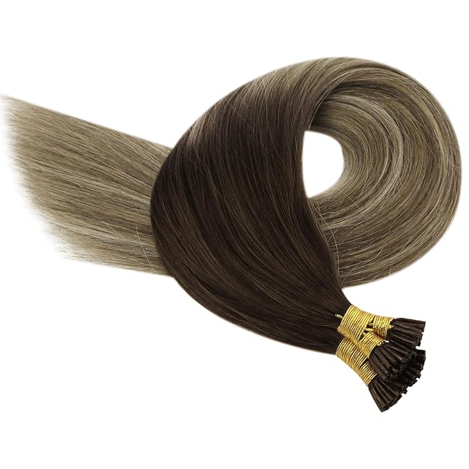 YoungSee I Tip Hair Extensions Human Hair Balayage Itip Hair Extension Real Human Hair Ombre Dark Brown to Brown with Blonde Itip Hair Extension 16 Inch Pre Bonded 80s 50g