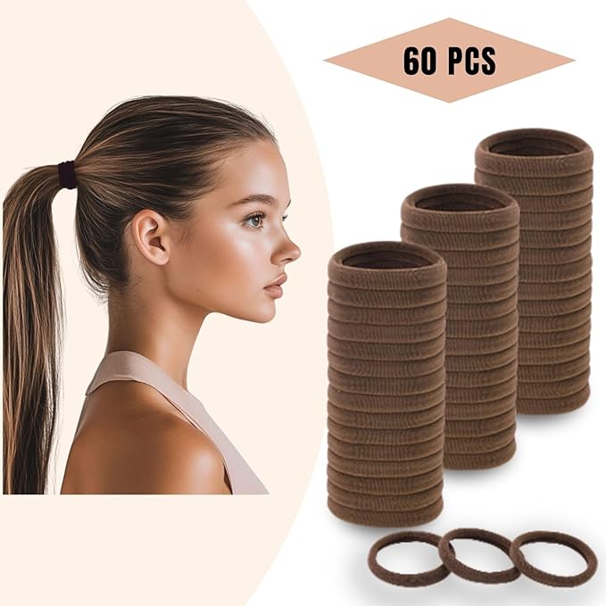 60 Pcs 2 Inch Brown No Damage Hair Ties for Women Thick Hair, Large Soft Seamless Nylon Fabric Elastic Hair Ties Ponytail Hair Holders Hair Elastics Hair Band for Women