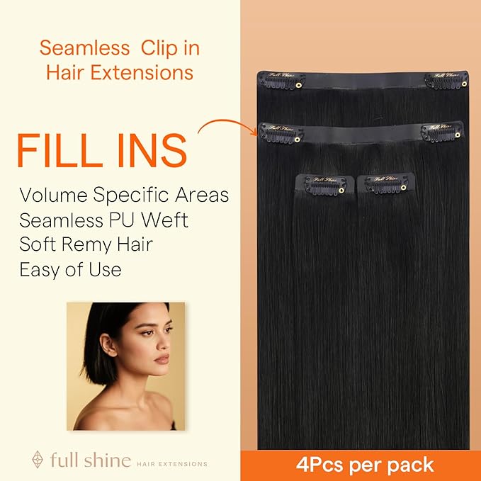 Full Shine Seamless Clip in Hair Extensions Real Human Hair, 20Inch Black Hair Extensions for Thin Hair Fill Ins Remy Human Hair for Women, Add Thickness & Length Color1 4Pcs 95g