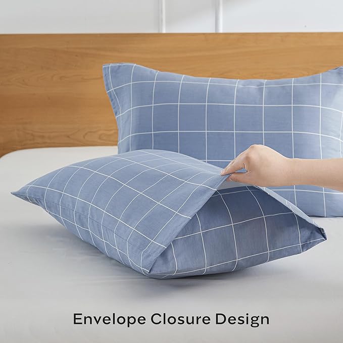 JELLYMONI 100% Natural Cotton Plaid Standard Pillowcases Set, 2 Pack Blue Checkered Pattern Printed Pillow Covers with Envelope Closure (Pillows are not Included)