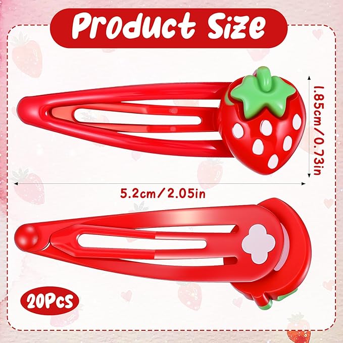 Sibba Strawberry Hair Clip 20 PCS Red Metal Snap Fruit Hair Clips Head Barrettes Fruit Bow Clips Strawberries Head Ring Tie Cute Strawberry Accessories for Girls Women Teens Gifts (2.05×0.73in)
