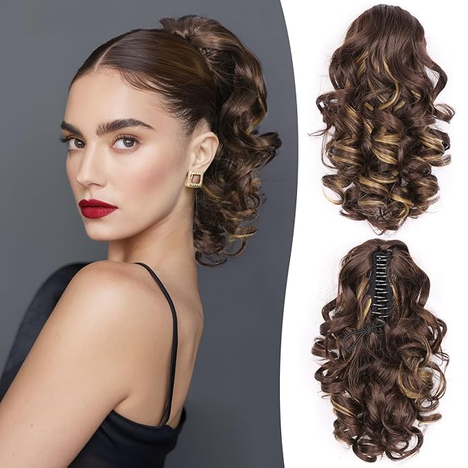 Claw Clip Ponytail Extension - 12 Inch Curly Ponytail Extension, Wavy Pony Tails Hair Extensions, Synthetic Hair Extensions Ponytail, Clip On Ponytails for Women (Color: Brown with Blonde Highlights)