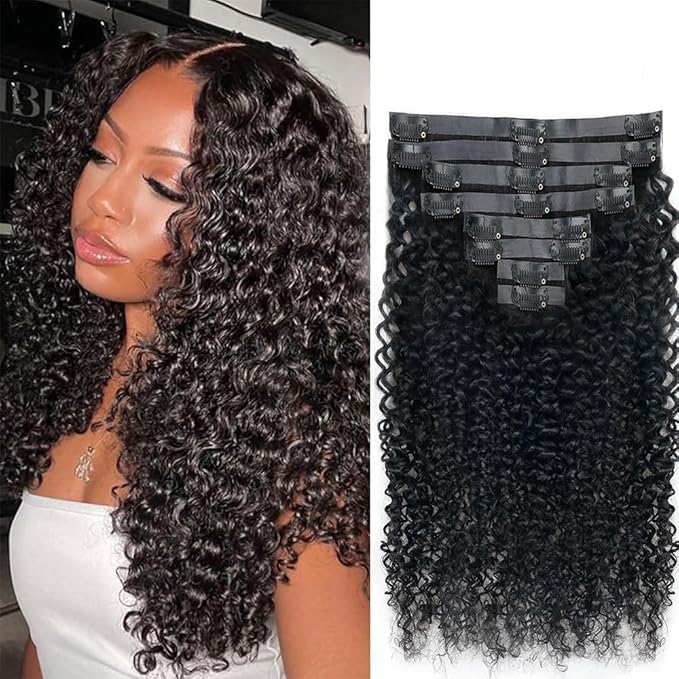 Seamless Curly Clip in Hair Extensions Real Human Hair Brazilian Virgin Human Hair Clip in Extensions 8Pcs Seamless Clip ins for Black Women with 18Clips PU Skin Weft 120g 16inch Natural Black