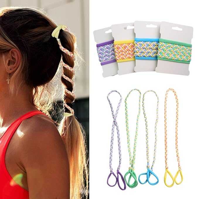 4 Pcs Spiral Hair Ties for Women & Girls, Rip Tie Hair Ties for Longhair, Elastic Braided Ponytail Holder, Tangle-Free, Effortless Styling for Gym, Running, Cycling, Surfing, Sports, Bright Color