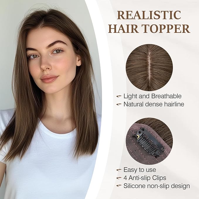 Rich Choices Hair Toppers for Women Real Human Hair 100% Human Remy Toppers NO Bangs for Women with Thinning on Top Clip in Hairpiece 4"x4.7"Lace Base 16 Inch #2R Chocolate Brown