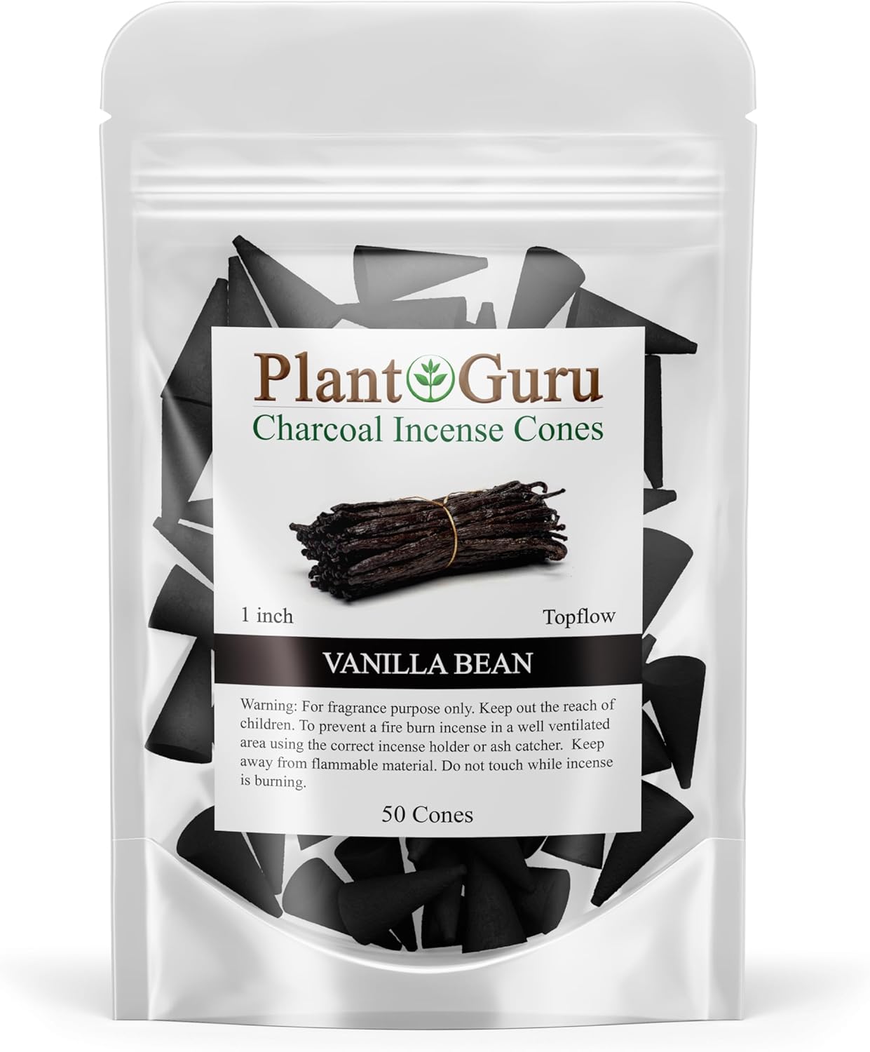 Vanilla Bean Charcoal Incense Cones 1" TOPFLOW - 50 Pack - Natural Scented Cones Handmade Hand Dipped