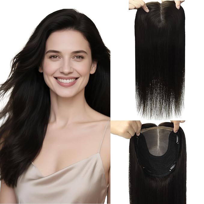 Hair Topper 16inch Toppers for Women Real Human Hair Natural Black Toppers for Women with Thinning 6x7inch Base Clip in Extensions Add Hair Volume Hairpieces 75g(#1BToppers-16inch)