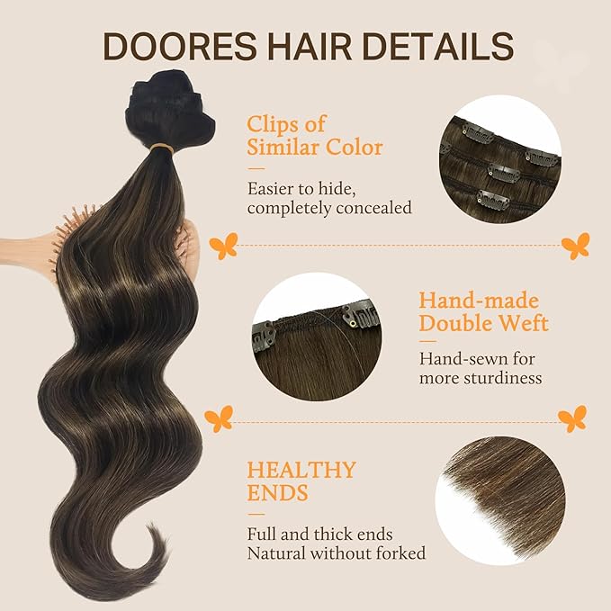 DOORES Clip in hair extensions, 5pcs 75g Dark Brown 14 Inch Human Hair Extensions Clip in Remy Hair Extensions Natural Straight