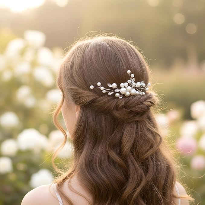 2PCS Pearl Wedding Hair Comb, Rhinestone Pearl Hair Accessories Crystal Hairs Pieces Bridal Hairs Clips for Women and Brides Bridesmaid