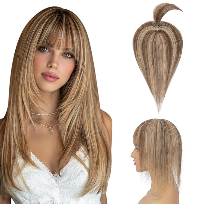 Hairro Mono Hair Toppers with Bangs, 3.4" x 3.4" Mono Base 100% Real Human Hairpieces for Women, 150% Density Clips In Topper for Greyish Thinning Hair, 12 Inch Medium Brown Mix Dark Blonde