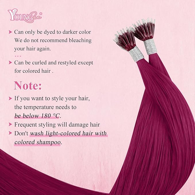 YoungSee Nano Ring Hair Extensions Human Hair Magenta Nano Bead Human Hair Extensions Burgundy Nano-Rings Hair Extension Red Nano-Tip Hair Extension for Women 25s 25g 14in