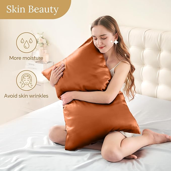 INFIIXSO Mulberry Silk Pillow Cases King Size Set of 2, Silk Pillowcase with Hidden Zipper 20"x36", Extraordinary Smooth and Soft Pillow Case for Hair and Skin(Brunt Orange, 2 Pack)