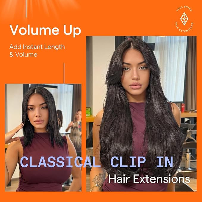 Full Shine Clip in Extensions Black Real Hair Extensions Clip in Human Hair for Thinning Hair Natural Black Tea 16 Inch 120 G 7 Pcs