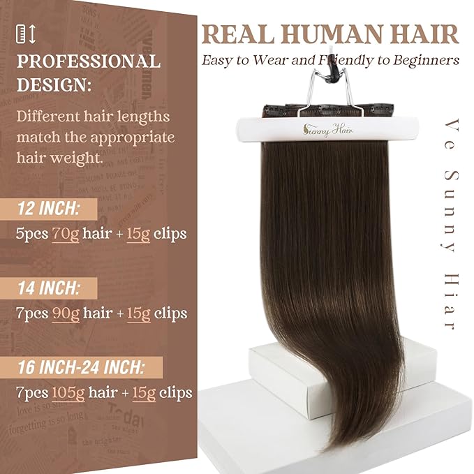 Ve Sunny Clip in Human Hair Extensions Dark Brown Clip in Hair Extensions 24 inch Hair Extensions Clip ins Real Hair Clip in Extensions Long Straight Hair 7pcs 120g
