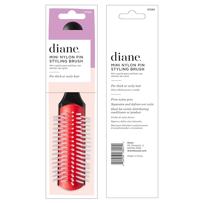 Diane Pro Mini Nylon Pin Styling Hairbrush for Detangling, Separating, Shaping, and Defining Wet or Curly Hair, Heat-Resistant, Anti-Static, Travel Essential, Black/Red