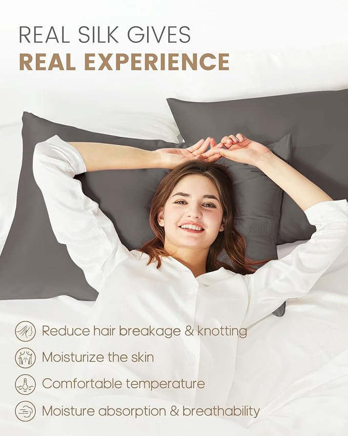 THXSILK Set of 2 Silk Pillowcase for Hair and Skin, 100% Mulberry Silk Bed Pillowcase Ultra-Soft, Soft Breathable Silk Pillow Case with Hidden Zipper, California King 20"x40", Dark Gray