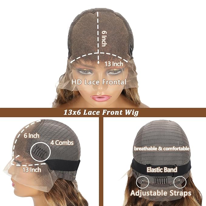 Honey Blonde Lace Front Wig Ombre 13x6 HD Lace Front Wigs Human Hair P4/27 Colored for Women 220 Density Highlight Wig Pre Plucked Body Wave Wig Honey Blonde Lace Front Wig 32Inch