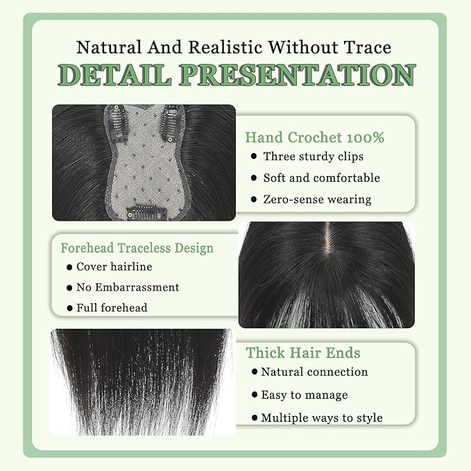 Hair Toppers for Women Real Human Hair, 360°3D Bangs Clip Human Toppers for Women with Thinning hair Realistic Scalp Line (Brown Black, 3D Wispy Bangs(11 * 7))