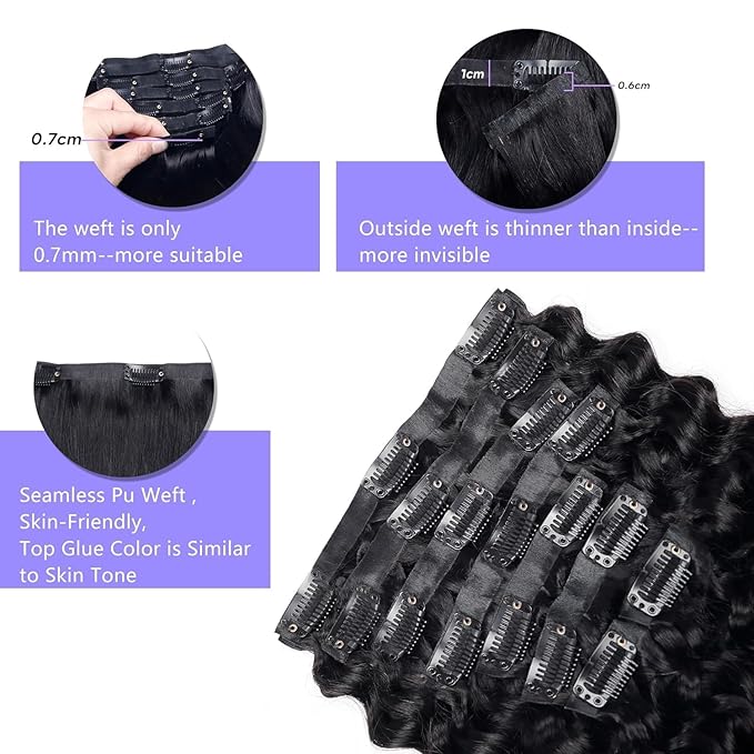 Seamless Clip in Hair Extensions Human Hair Deep Wave Clip ins for Black Women 8Pcs Brazilian Virgin Human Hair Clip in Extensions PU Skin Weft 18Clips 120g 20inch Natural Black