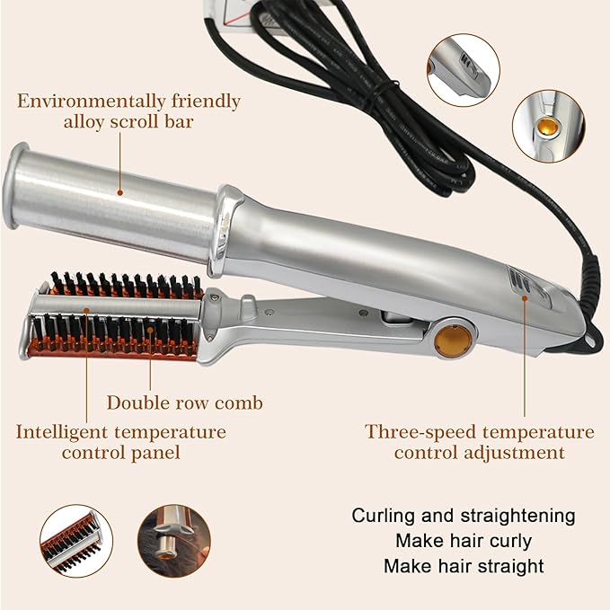 2 in 1 Rotating Curling Iron Fast Heat Hair Straightener and Curler Professional Curing Wand for All Hairstyles for Home Travel Hair Styling Tools Three-Speed Temperature Adjustment